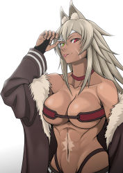 1girl :p abs absurdres animal_ear_fluff animal_ears arm_up bandeau bare_shoulders black_jacket breasts bridal_gauntlets cat_ears chinese_commentary choker cleavage collarbone commentary_request cowboy_shot dark-skinned_female dark_skin eyepatch eyepatch_lift facial_scar fur-trimmed_jacket fur_trim ghislaine_dedoldia green_eyes green_pants grey_hair groin hair_between_eyes heterochromia highleg highleg_panties highres jacket large_breasts long_hair long_sleeves looking_at_viewer mushoku_tensei navel obliques off_shoulder open_clothes open_jacket panties pants red_choker red_eyes scar scar_on_cheek scar_on_face scar_on_stomach sidelocks simple_background smile solo song_mu standing stomach tongue tongue_out underboob underwear white_background