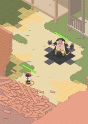 Rule 34 | 2boys, artist name, back tattoo, black hair, black shorts, chibi, commentary, english commentary, epaulettes, hat, health bar, highres, jolly roger, long hair, long nose, lv5plant, male focus, marshall d. teach, missing tooth, multiple boys, one piece, orange hat, portgas d. ace, short hair, shorts, smile, tattoo, topless male, whitebeard pirates jolly roger
