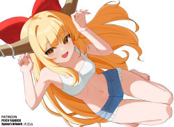 1girl arms_up bare_shoulders blue_shorts blush bow breasts brown_horns denim denim_shorts english_text full_body highres horn_bow horn_ornament horns ibuki_suika long_hair looking_at_viewer midriff nail_polish navel oeyama oni open_mouth orange_eyes red_nails red_ribbon ribbon shorts small_breasts smile solo sports_bra touhou white_sports_bra