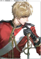 1boy art_program_in_frame axis_powers_hetalia blonde_hair gloves green_eyes hand_on_hilt high_collar jacket long_sleeves looking_at_viewer male_focus military military_jacket military_uniform red_jacket sash short_hair simple_background solo thick_eyebrows united_kingdom_(hetalia) upper_body wafen_juemu white_background white_sash