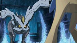 2boys animated animated_gif creatures_(company) dragon game_freak gen_5_pokemon glowing glowing_eyes grey_eyes keldeo kyurem legendary_pokemon lowres multiple_boys mythical_pokemon nintendo no_humans pokemon pokemon_(anime) pokemon_(creature) pokemon_bw_(anime) pokemon_the_movie:_kyurem_vs._the_sword_of_justice scared shaking sharp_teeth teeth trembling walking