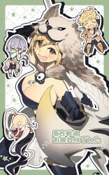 1girl 3boys animal_costume armor axe beard berserker_(granblue_fantasy) blonde_hair blue_eyes breasts brown_eyes cape chibi djeeta_(granblue_fantasy) estarriola facial_hair fangs fur_cape gauntlets granblue_fantasy grey_hair grimnir_(granblue_fantasy) harvin heterochromia highres holding holding_axe long_hair looking_at_viewer medium_breasts multiple_boys open_mouth pelt pointy_ears post_guild_war_celebration red_eyes short_hair umeda_shiso undercut vane_(granblue_fantasy) wolf_costume wolf_hat wolf_hood