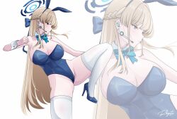 Rule 34 | 1girl, absurdres, animal ears, aqua bow, aqua bowtie, blonde hair, blue archive, blue bow, blue bowtie, blue eyes, blue hairband, blue halo, blue leotard, bow, bowtie, braid, breasts, detached collar, earpiece, fake animal ears, hairband, half up braid, halo, highleg, highleg leotard, highres, leotard, long hair, multiple views, official alternate costume, playboy bunny, rabbit ears, rlayuta, signature, solo, strapless, strapless leotard, thighhighs, toki (blue archive), toki (bunny) (blue archive), white thighhighs, white wrist cuffs, wrist cuffs