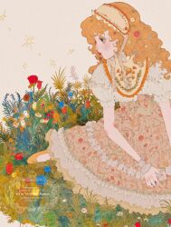 1girl absurdres blonde_hair blue_flower bow closed_mouth commentary curly_hair dress english_commentary english_text flower freckles frills grass green_eyes hair_flower hair_ornament headdress highres holding holding_flower long_hair orange_hair original pink_flower plant profile puffy_sleeves red_flower ribbon short_sleeves simple_background sitting solo sparkle white_dress white_flower yashiro_nanaco yellow_flower