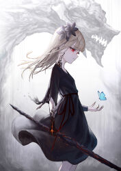 1girl black_dress black_flower black_hands black_nails blonde_hair bug butterfly closed_mouth colored_extremities commentary dragon dress english_commentary expressionless fingernails flower hair_flower hair_ornament highres holding holding_sword holding_weapon insect long_hair material_growth mixed-language_commentary original red_eyes sachi_(160332) sharp_fingernails solo sword three-quarter_sleeves torn_clothes torn_sleeves weapon