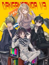 1girl 3boys ahoge akamatsu_kaede amami_rantaro backpack bag black_gakuran black_hat blue_shirt buttons checkered_clothes checkered_scarf closed_eyes closed_mouth commentary copyright_name crossed_legs crt danganronpa_(series) danganronpa_v3:_killing_harmony feet_out_of_frame flipped_hair fortissimo frown green_eyes green_hair grey_pants hair_ornament hat headphones headphones_around_neck highres jewelry long_hair long_sleeves multicolored_buttons multiple_boys musical_note musical_note_hair_ornament necklace necktie nota_sayaka oma_kokichi open_mouth orange_background pants purple_hair purple_vest red_necktie road_sign saihara_shuichi scarf shirt sign simple_background stop_sign striped_clothes striped_shirt symbol-only_commentary television thinking upper_body vest white_pants white_shirt