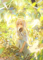 1girl angel bird black_ribbon blue_eyes blue_flower blue_skirt closed_mouth commentary feet_out_of_frame flower halo highres holding holding_plant long_hair neck_ribbon original outdoors plant ribbon scenery shirt short_sleeves signature skirt solo standing sumi_0525 symbol-only_commentary traditional_halo tree vegetation white_flower white_hair white_shirt