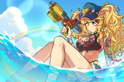 1girl arm_tattoo bikini blonde_hair blue_hat blue_nails blue_sky breasts cloud day denim denim_shorts eyepatch front-tie_top green_eyes green_nails gun hat holding large_breasts leaf_print long_hair looking_at_viewer nagare750 nail_polish ocean original outdoors rainbow shorts skull_eyepatch sky solo swimsuit tattoo twintails water water_gun weapon