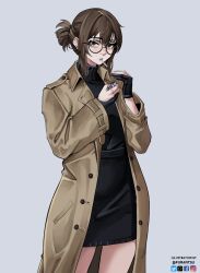 1girl artist_name black-framed_eyewear black_dress black_gloves brown_coat brown_eyes brown_hair cigarette coat commentary cowboy_shot dress facebook_logo franzailian5 gloves grey_background holding holding_lighter instagram_logo lighter long_sleeves looking_at_viewer open_clothes open_coat partially_fingerless_gloves pixiv_logo round_eyewear sidelocks simple_background smoking solo standing trench_coat turtleneck turtleneck_dress twitter_logo uguisu_anko yofukashi_no_uta
