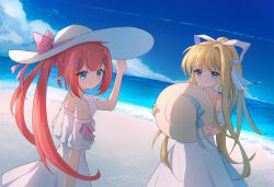 Rule 34 | 2girls, air (visual novel), alternate costume, backlighting, bare shoulders, beach, blonde hair, blue bow, blue eyes, blue sky, blunt bangs, blush, bow, braid, center-flap bangs, closed mouth, cloud, commentary request, company connection, contrail, cowboy shot, crossover, day, dress, eyelashes, hair ribbon, happy, hat, hat bow, highres, holding, holding unworn clothes, holding unworn hat, kamio misuzu, kamiyama shiki, key (company), long dress, long hair, looking at viewer, multiple girls, ocean, off-shoulder dress, off shoulder, outdoors, pink bow, ponytail, red hair, ribbon, shiki hamaguri, short sleeves, sidelocks, signature, single braid, single hair intake, sky, smile, split mouth, straight hair, summer pockets, sun hat, sundress, twitter username, unworn hat, unworn headwear, very long hair, white dress, white hat, white ribbon