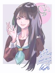 Rule 34 | 1girl, 217find!, absurdres, animification, aqua neckerchief, border, brown dress, cat, child&#039;s drawing, collarbone, cropped torso, date pun, dated, dress, furigana, grey background, grin, hanamiya nina, hanamiya nina (style), hasu no sora school uniform, highres, kirisaki nuko, link! like! love live!, long sleeves, looking at viewer, love live!, mole, mole under eye, neckerchief, nonstandard furigana, number pun, outside border, real life, sailor collar, sailor dress, school uniform, shrimp, simple background, smile, solo, voice actor, white border, white sailor collar, winter uniform
