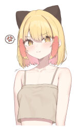 1girl absurdres anger_vein blonde_girl_(cloba) blonde_hair breasts brown_camisole camisole cloba closed_mouth collarbone commentary highres looking_at_viewer original short_hair signature simple_background small_breasts solo spoken_anger_vein symbol-only_commentary upper_body white_background yellow_eyes