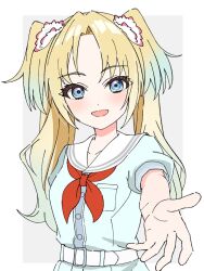 Rule 34 | 1girl, :d, blonde hair, blue dress, blue eyes, blue hair, blush, border, breast pocket, collarbone, commentary, curtained hair, dress, flower, grey background, hair flower, hair ornament, hasu no sora school uniform, highres, link! like! love live!, looking at viewer, love live!, neckerchief, offering hand, open mouth, osawa rurino, outside border, outstretched arm, parted bangs, pink flower, pocket, puffy short sleeves, puffy sleeves, red neckerchief, sailor collar, sailor dress, school uniform, short sleeves, simple background, smile, solo, summer uniform, tenteko kome, upper body, virtual youtuber, white border, white sailor collar
