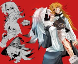 2girls 3rdeye_suki ? black_eyes black_skin black_vest blonde_hair blood blood_from_mouth blood_on_face blood_on_leg blood_on_neck bloody_tears bow braid buttons clenched_teeth collared_shirt colored_skin colored_tips commentary dress dual_persona greyscale grin hair_between_eyes hair_bow half-closed_eye hand_in_pocket hand_on_another&#039;s_arm hat hat_bow hatching_(texture) highres injury kirisame_marisa lifting_person long_hair long_sleeves looking_at_another monochrome motion_lines multicolored_hair multiple_girls multiple_views no_mouth no_nose nosebleed one_eye_closed open_mouth pointing pointing_at_self pointy_hair raised_eyebrow red_background red_pupils shaded_face sharp_teeth shirt side_braid simple_background single_braid smile socks spoken_character strangling teeth touhou touhou_igyoukyo upper_body variant_marisa vest white_hair white_socks witch_hat yellow_eyes