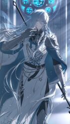 1boy absurdres aqua_cape armor belt black_pants black_sleeves braid cael_anselm cape closed_mouth cowboy_shot floating_hair gauntlets hair_between_eyes highres holding holding_weapon indoors long_bangs long_hair looking_at_viewer lovebrush_chronicles male_focus pants pauldrons purple_eyes shoulder_armor sidelighting solo straight-on three-quarter_sleeves tunic variant_set very_long_hair walking weapon weapon_on_back white_hair yydxueqing