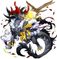 Rule 34 | animal, bird, black hair, black sclera, blue coat, braid, clothed animal, coat, colored sclera, dragon, dragon village (series), dragon village collection, falconry, falling leaves, fur-tipped tail, fur-trimmed coat, fur trim, game cg, gem, head chain, horn ornament, horns, jewelry, leaf, long hair, multicolored hair, no humans, official art, red eyes, red gemstone, streaked hair, sun, third-party source, transparent background, vaska (dragon village), vaska (lord of grassland) (dragon village)