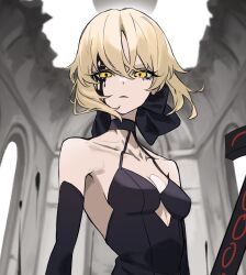 1girl absurdres artoria_pendragon_(fate) bare_shoulders black_blood black_bow black_dress black_sleeves blonde_hair blood blood_on_face bow breasts cleavage closed_mouth collarbone commentary_request detached_sleeves dress excalibur_morgan_(fate) expressionless fate/grand_order fate_(series) floating_hair hair_bow highres looking_at_viewer maririri111 saber_alter saber_alter_(third_ascension) short_hair sidelocks small_breasts solo strapless strapless_dress sword weapon yellow_eyes
