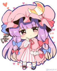 Rule 34 | 1girl, :/, black shoes, blue bow, blunt bangs, blush, bow, chibi, chibi only, closed mouth, commentary request, crescent, crescent hat ornament, dress, full body, gradient hair, hair bow, hat, hat ornament, heart, heart-shaped pupils, highres, long hair, long sleeves, looking at viewer, mob cap, multicolored hair, patchouli knowledge, pink dress, pink hat, purple hair, ramudia (lamyun), red bow, shoes, simple background, socks, solo, striped clothes, striped dress, symbol-shaped pupils, touhou, twitter username, very long hair, white background, white socks