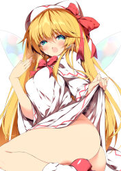 1girl ass blonde_hair blush bottomless bow bowtie breasts capelet clothes_lift commentary_request dress green_eyes hair_between_eyes highres lifting_own_clothes lily_white long_hair long_sleeves looking_at_viewer medium_breasts open_mouth red_bow red_bowtie red_footwear sakurame simple_background socks solo touhou white_background white_capelet white_dress white_headwear white_socks wings