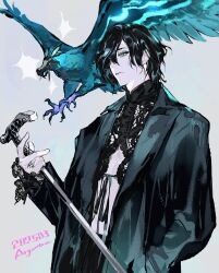 1boy argentum_1121 arm_up artist_name black_coat black_hair blue_eyes cane closed_mouth coat commentary dated devil_may_cry_(series) devil_may_cry_5 grey_background griffon_(devil_may_cry_5) hair_behind_ear hashtag-only_commentary highres holding holding_cane lapels long_sleeves looking_ahead male_focus parted_bangs short_hair solo v_(devil_may_cry)