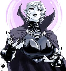 Rule 34 | 1girl, black bodysuit, black cape, black gloves, black lips, black nails, black sclera, bodysuit, breasts, cape, colored sclera, colored skin, elbow gloves, fingerless gloves, fingernails, gloves, high collar, highres, huge breasts, initial, jgeorgedrawz, latex, latex bodysuit, long hair, looking at viewer, original, pink eyes, pointy ears, sharp fingernails, solo, upper body, white hair, white skin