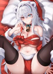 1girl absurdres animal_ears arknights bare_shoulders bear_ears bear_girl bell bikini breasts christmas cleavage condom condom_wrapper detached_sleeves fur_trim hat highres large_breasts looking_at_viewer lying m_legs mildt multicolored_hair neck_bell on_back ribbon_as_bra rosa_(arknights) santa_bikini santa_costume santa_hat smile streaked_hair swimsuit thighhighs white_hair