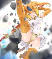 &gt;:o 10s 1girl :o animal_ears bangle bare_shoulders blonde_hair blue_hair bracelet breasts circlet commentary_request elbow_gloves female_focus gloves golden_snub-nosed_monkey_(kemono_friends) gradient_hair high_ponytail holding holding_staff jewelry journey_to_the_west kemono_friends long_hair looking_at_viewer medium_breasts monkey_ears monkey_tail multicolored_hair naka_akira open_mouth orange_hair outstretched_arms ponytail rock skirt solo spread_legs staff sun_wukong tail thighhighs two-tone_hair v-shaped_eyebrows yellow_thighhighs