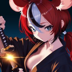 1girl absurdres alternate_costume alternate_hairstyle animal_ear_fluff animal_ears black_hair blue_eyes drawing_sword hair_between_eyes hakos_baelz highres holding holding_sword holding_weapon hololive hololive_english japanese_clothes katana kimono long_hair looking_at_viewer mouse_ears mouse_girl multicolored_hair open_clothes open_kimono ponytail red_hair solo streaked_hair sword takokatsu virtual_youtuber weapon white_hair