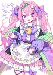 Rule 34 | 1girl, :3, ahoge, apron, bell, black dress, blush, bow, bowtie, commentary, commissioner name, cowboy shot, dress, frilled apron, frills, hair between eyes, hair ornament, hair ribbon, hands up, highres, indie virtual youtuber, jacket, jingle bell, long hair, long sleeves, looking at viewer, morumoru x, nail polish, off shoulder, open clothes, open jacket, open mouth, pink hair, purple bow, purple bowtie, purple eyes, purple jacket, purple nails, purple ribbon, ribbon, signature, simple background, smile, solo, twintails, virtual youtuber, white apron, white background, yashiro runa