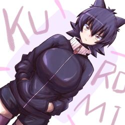 1girl absurdres animal_ears black_shirt black_shorts breasts brown_eyes dutch_angle gen_1_pokemon gengar hair_between_eyes hands_in_pockets highres large_breasts looking_at_viewer medium_hair nintendo personification pokemon shirt short_shorts shorts solo standing thighhighs white_background yokomiya4538 zettai_ryouiki zipper