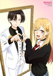 Rule 34 | ;d, absurdres, anime coloring, black choker, black hair, black shirt, black sweater, blonde hair, blue skirt, choker, collared shirt, copyright name, copyright notice, ear piercing, earrings, eyeliner, formal clothes, four-finger heart hands, grey eyes, heart, heart hands, heart hands duo, highres, jacket, jewelry, kitagawa marin, kougami rei, light blush, long hair, looking at viewer, magazine scan, makeup, mirror, necktie, newtype, official art, one eye closed, open mouth, pants, parted bangs, parted lips, piercing, pleated skirt, red eyes, red necktie, scan, school uniform, shirt, short hair, sidelocks, skirt, smile, sono bisque doll wa koi wo suru, suit, suit jacket, sweater, vest, waistcoat, white necktie, white pants, white shirt, white suit, white vest, yamazaki jun