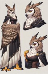 Rule 34 | 1girl, beak, bird, bird girl, black capelet, breasts, brown feathers, brown hair, capelet, claws, cleavage, dress, feathers, highres, nonoka917, original, owl, owl ears, owl girl, short hair, solo, white hair, winged arms, wings, yellow eyes
