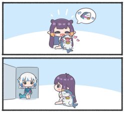 2girls absurdres chibi gawr_gura highres hololive hololive_english holomyth jeff_(marvel) long_hair marvel marvel_rivals mpien multiple_girls ninomae_ina&#039;nis shark shark_girl virtual_youtuber