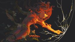 1girl breasts completely_nude fire fish flower fractur9d_luna long_hair looking_to_the_side navel nude original parted_lips pixel_art plant red_eyes red_hair small_breasts solo thigh_gap vines