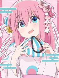 Rule 34 | 1girl, absurdres, blue eyes, blush, bocchi the rock!, cube hair ornament, gotoh hitori, gotoh hitori (tsuchinoko), hair ornament, highres, japanese clothes, kimono, long hair, looking at viewer, mayo (oekaki bibbi), open mouth, pink hair, pink kimono, upper body, yukata