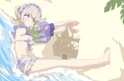 1girl alt_text barefoot beach bikini blue_bikini blue_eyes commentary_request detached_sleeves feet frilled_hairband frills frown hairband idolmaster idolmaster_shiny_colors lying multicolored_bikini on_ground on_side outdoors outstretched_arms oyasuminasai31 pink_bikini purple_bikini purple_hairband sand sand_castle sand_sculpture serizawa_asahi solo swimsuit thighs toes two_side_up v-shaped_eyebrows water waving