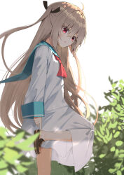 1girl absurdres ahoge ascot atri atri-my_dear_moments- black_ribbon black_shoes commentary dress eyes_visible_through_hair hair_between_eyes hair_ribbon highres light_blush long_hair nodoameyatou open_mouth red_ascot red_eyes ribbon sailor_collar sailor_dress shoes simple_background solo very_long_hair white_sailor_collar