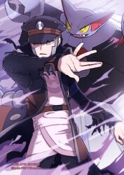 1boy black_coat black_hat black_pants claws coat commentary_request dated gen_4_pokemon gliscor grey_hair hat highres ingo_(pokemon) long_sleeves male_focus nintendo open_clothes open_coat open_mouth pants peaked_cap pkf273ash pokemon pokemon_(creature) pokemon_legends:_arceus sharp_teeth teeth torn_clothes twitter_username yellow_eyes