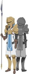 2boys alfrigg_gulliver anime_coloring armor back boots brown_gloves brown_shoes dungeon_ni_deai_wo_motomeru_no_wa_machigatteiru_darou_ka full_body gloves helm helmet holding holding_polearm holding_weapon kimoto_shigeki looking_at_viewer monochrome multiple_boys multiple_views official_art pants polearm shirt shoes shoulder_armor simple_background spear standing transparent_background weapon white_pants white_shirt