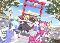 4girls absurdres antennae architecture ascot bad_id bad_pixiv_id between_legs bird_wings blonde_hair blue_eyes blue_hair blue_sky bow cape cirno cloud day dress dutch_angle earrings east_asian_architecture fang green_hair hair_bow hair_ribbon hand_between_legs hand_on_own_chest hands_on_own_hips hat highres hokora_(shrine) jewelry leg_up looking_at_viewer mary_janes multiple_girls mystia_lorelei open_mouth outstretched_arms pink_hair pointy_ears puffy_sleeves red_eyes ribbon riki-to rumia shadow shoes short_hair short_sleeves shorts shrine sky spread_arms stairs team_9_(touhou) torii touhou tree tsurime wings wriggle_nightbug yellow_eyes