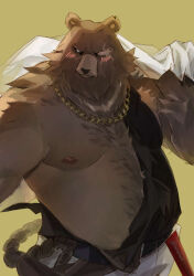 1boy animal_ears bara bear_boy bear_ears belly ben_bigger black_tank_top blush brown_fur chain chain_necklace closed_mouth commentary english_commentary fat fat_man furry furry_male holding holding_jacket holding_unworn_clothes iwiwiwii jacket jacket_on_shoulders jewelry looking_to_the_side male_focus necklace nipples notched_ear pants pawpads pectorals scar scar_across_eye scar_on_face tank_top torn_clothes unworn_jacket white_pants zenless_zone_zero