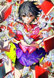 bakemonogatari bandaged_arm bandages bike_shorts black_hair book brown_eyes colorful commentary_request cowboy_shot flower hair_between_eyes hands_on_own_shoulders highres kanbaru_suruga lower_teeth_only mika_pikazo monkey_arm monogatari_(series) naoetsu_high_school_uniform official_art open_mouth school_uniform short_hair short_sleeves teeth tomboy too_many too_many_books