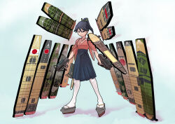 1girl alternate_weapon black_hair black_hakama dual_wielding flight_deck full_body hair_between_eyes hair_ribbon hakama hakama_skirt highres holding houshou_(kancolle) hull_shoes japanese_clothes kantai_collection kimono long_hair pantyhose pink_kimono ponytail ribbon rigging skirt solo standing tabi tsun&#039;ichi_(tsun1) weapon