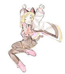 1girl animal_ear_headphones animal_ears ankle_boots arms_up black_skirt black_thighhighs blonde_hair blue_archive boots bow bowtie cat_ear_headphones cat_tail closed_eyes fake_animal_ears hair_bow halo headphones jacket low_twintails momoi_(blue_archive) open_mouth pink_boots pink_halo pleated_skirt red_bow red_bowtie shinbashi_seiji short_hair simple_background sketch skirt solo tail thighhighs twintails white_background white_jacket