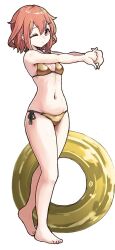 1girl bare_arms bare_legs bare_shoulders barefoot bikini blush breasts brown_eyes brown_hair fang full_body gold_bikini hair_between_eyes hair_ornament hairclip halterneck highres ikazuchi_(kancolle) innertube kantai_collection navel one_eye_closed open_mouth petite short_hair side-tie_bikini_bottom simple_background skin_fang small_breasts solo stretching string_bikini swim_ring swimsuit toes unagiman white_background