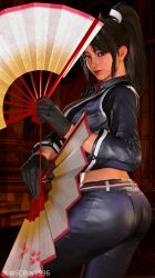 1girl 3d absurdres black_gloves black_jacket black_pants breasts brown_eyes brown_hair cleavage fatal_fury fatal_fury:_city_of_the_wolves female_focus game_screenshot gloves highres jacket large_breasts leather leather_jacket lipstick long_hair looking_at_viewer makeup official_alternate_costume pants ponytail shiranui_mai solo street_fighter street_fighter_6 tagme