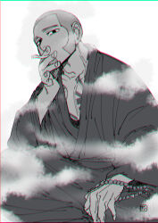 1boy adam&#039;s_apple chest_tattoo chromatic_aberration crew_cut fingernails golden_kamuy greyscale japanese_clothes kzouzou long_sideburns male_focus monochrome shiraishi_yoshitake sideburns smoke smoking solo tattoo upper_body wide_sleeves