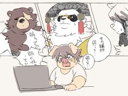 ... 4boys anger_vein animal_ears artist_self-insert ben_bigger black_fur brown_fur brown_hair colored_tips commentary_request furry furry_male highres looking_to_the_side male_focus multicolored_fur multicolored_hair multiple_boys odmk_(jinnta4014) open_mouth original pan_yinhu panda_boy panda_ears pig_boy pig_ears pig_nose round_eyewear scar scar_across_eye scar_on_face shouting speech_bubble sweatdrop translation_request von_lycaon white_fur white_hair wok wolf_boy wolf_ears zenless_zone_zero