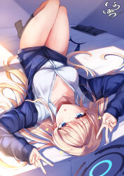 1girl animal_ear_hairband animal_ears black_socks blonde_hair blue_archive blue_eyes blue_hairband blue_jacket blue_skirt blunt_bangs blush double_v fake_animal_ears hairband highres irohara jacket long_hair looking_at_viewer lying no_pants on_back rabbit_ear_hairband rabbit_ears shirt sidelocks skirt socks solo sparkle toki_(blue_archive) unworn_hairband unworn_skirt v white_shirt