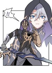 ! !! ... 1boy armored_gloves black_cloak black_pants border chinese_commentary cloak commentary_request dark_persona flame_reaver_of_the_deepest_dark highres holding holding_sword holding_weapon honkai:_star_rail honkai_(series) hood hood_up hooded_cloak male_focus mask multiple_views pants phainon_(honkai:_star_rail) simple_background spoken_ellipsis spoken_exclamation_mark surprised sword weapon white_background yuelinpanp98413